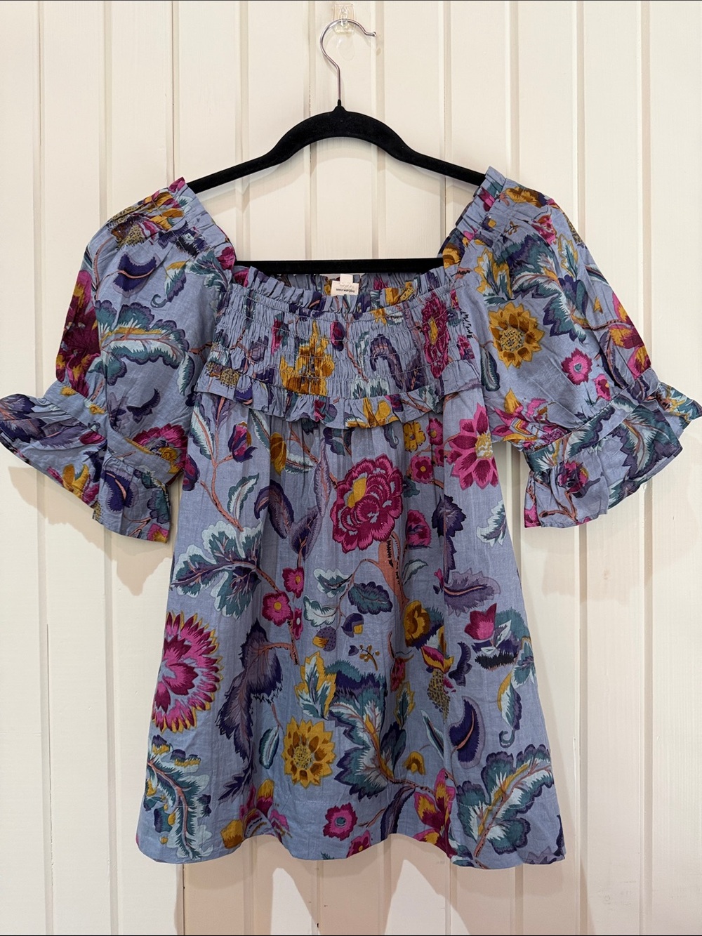 ivy jane Light Blue Floral Off-Shoulder Tunic with Ruffle Sleeves